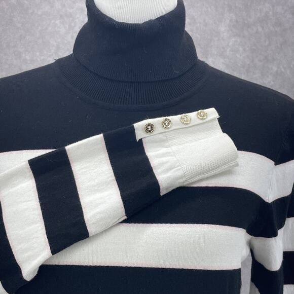 Tommy Hilfiger Women M Stripe Turtleneck Sweater Black White Classic READ Preppy - Picture 2 of 12